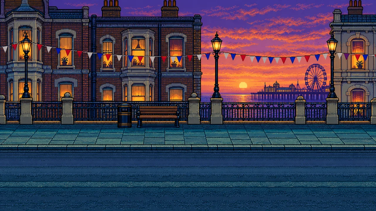 Pixel-art Southend seafront at sunset, with the pier on the horizon
